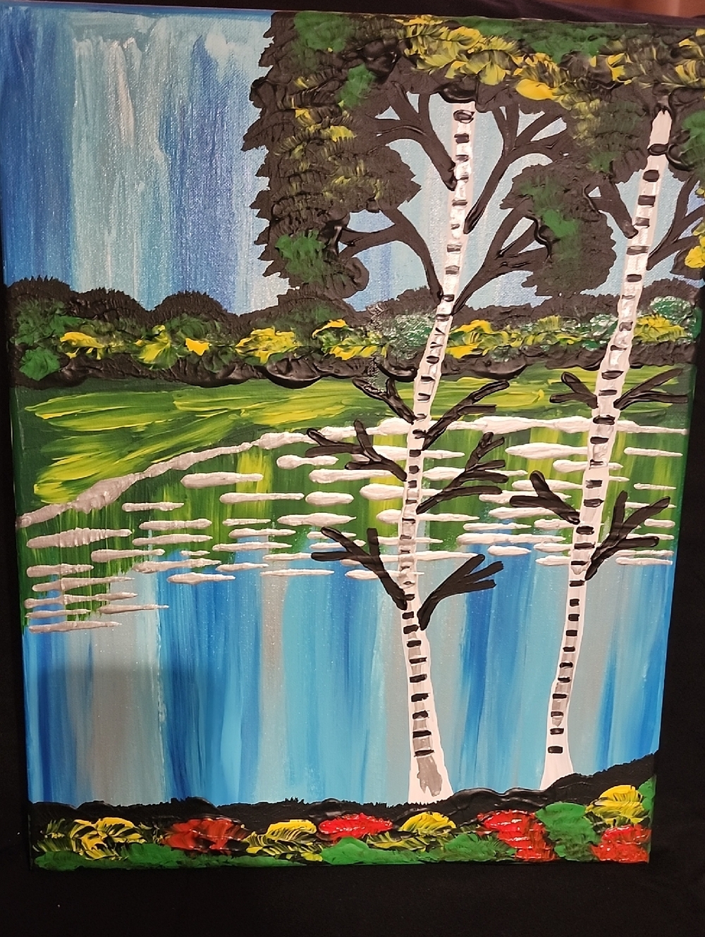 Birch Trees Lakeside Acrylic Wall Art - Green, Blue, White